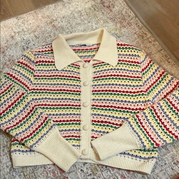 Zara Sweaters - Zara Cream Rainbow Stripe Polo Cardigan
